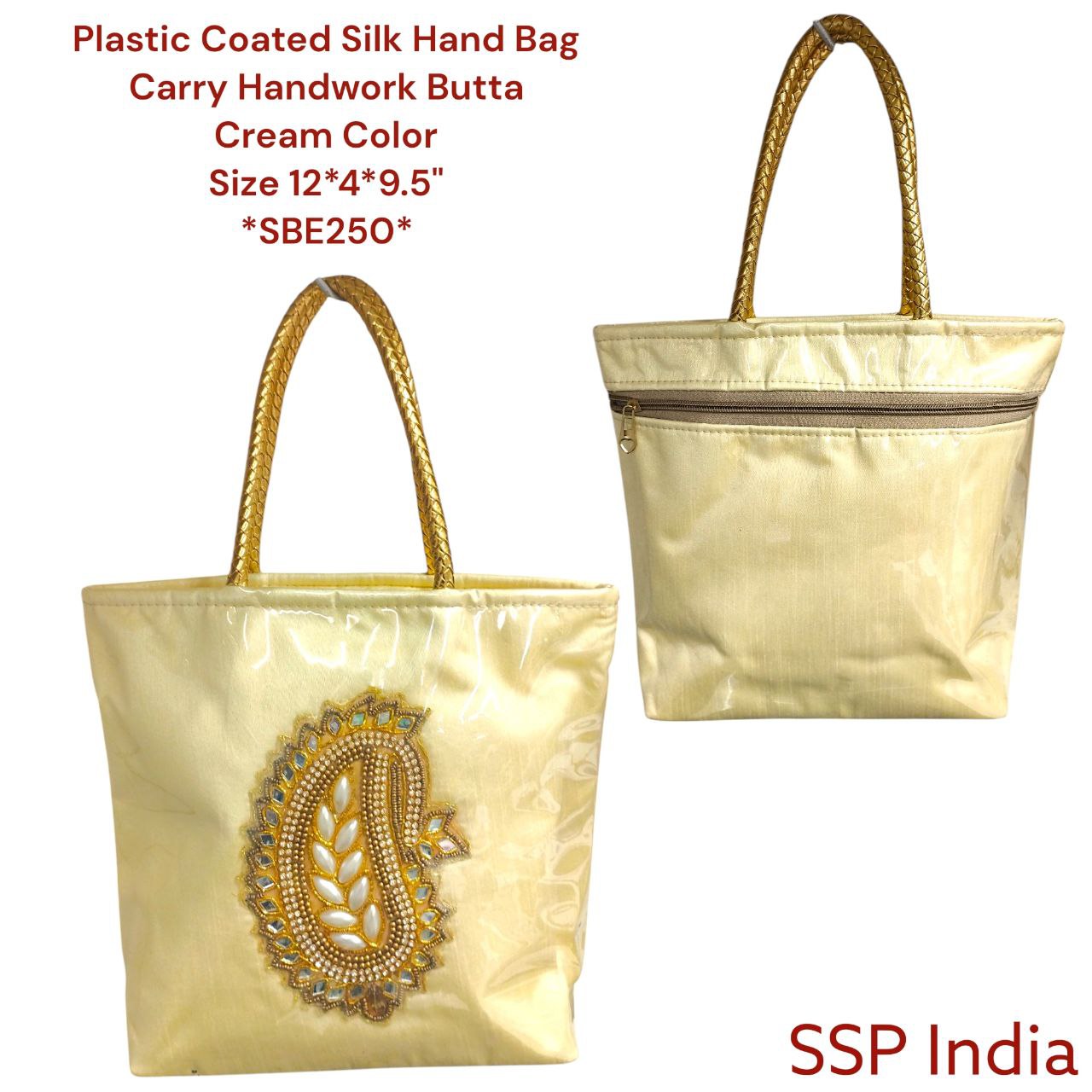 SHREE SHYAM PRODUCTS PLASTIC COATED CREAM ELEGANT EMBROIDERED HAND BAGS