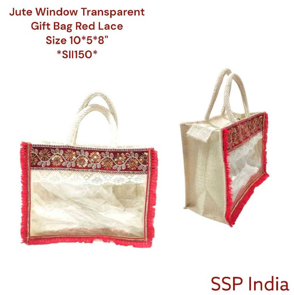 SHREE SHYAM PRODUCTS JUTE WINDOW TRANSPARENT RED LACE GIFT BAGS