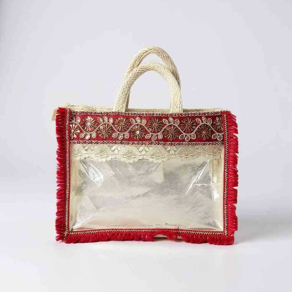 SHREE SHYAM PRODUCTS JUTE WINDOW TRANSPARENT RED LACE GIFT BAGS