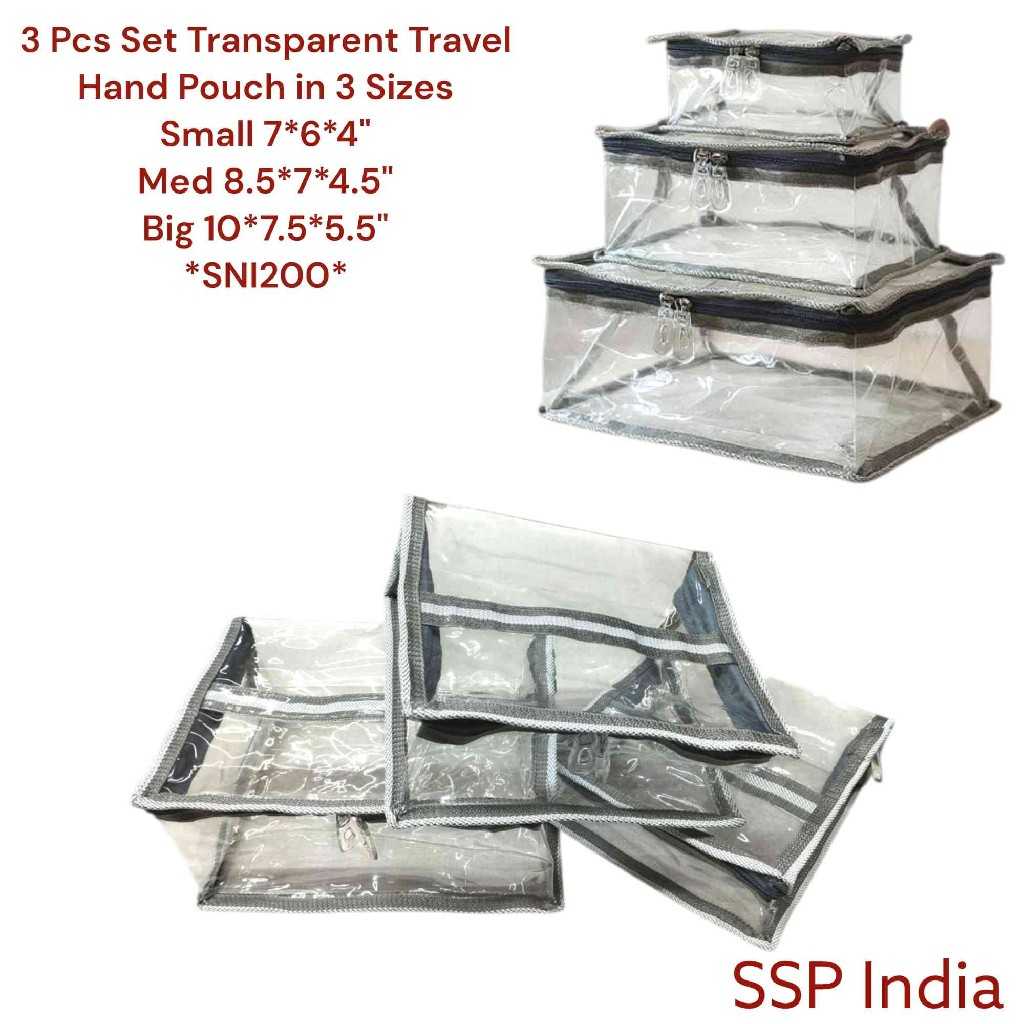 SHREE SHYAM PRODUCTS 3 PCS SET TRANSPARENT GREY TRAVEL HAND POUCH