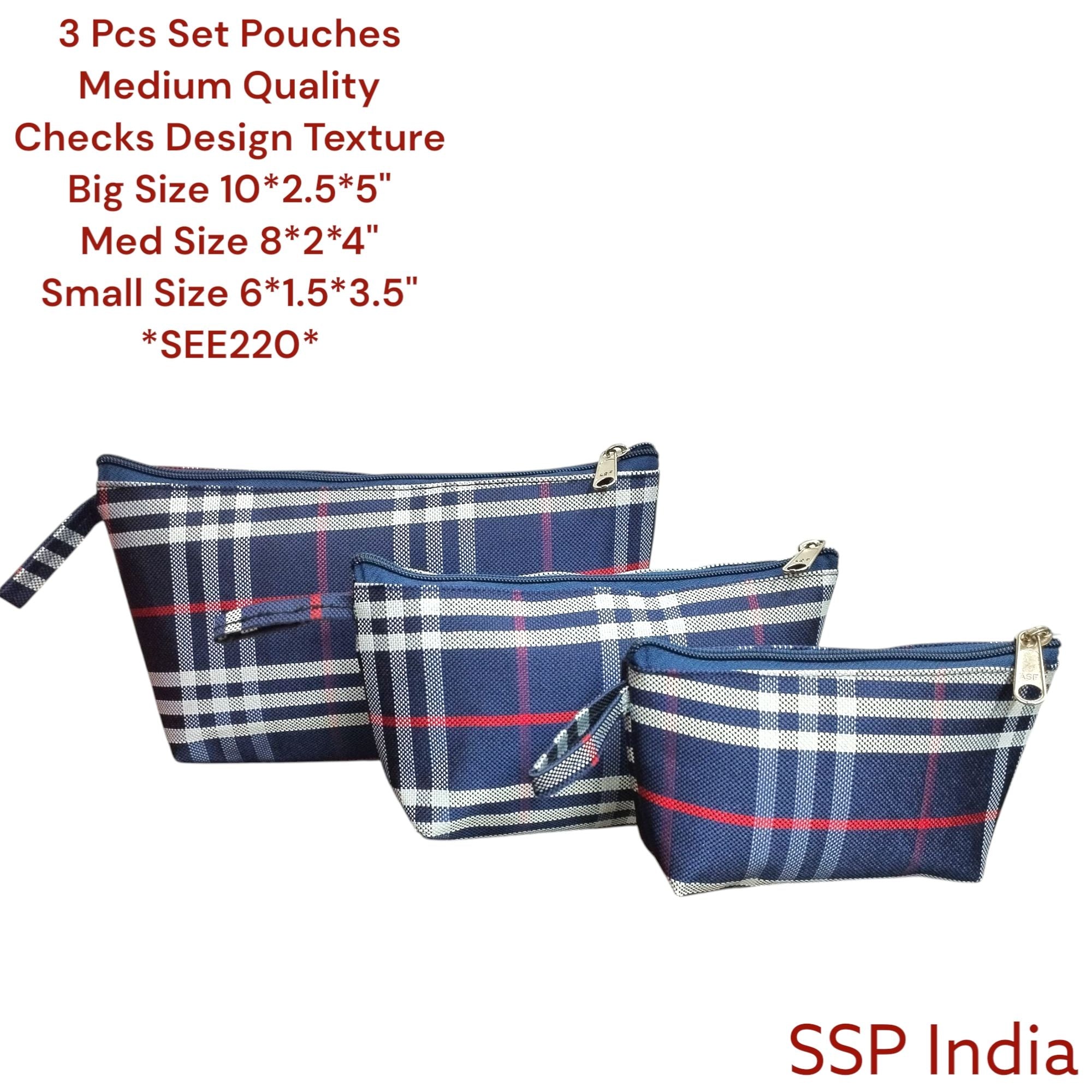 SHREE SHYAM PRODUCTS 3 PCS SET CHECKS DESIGN HAND POUCH