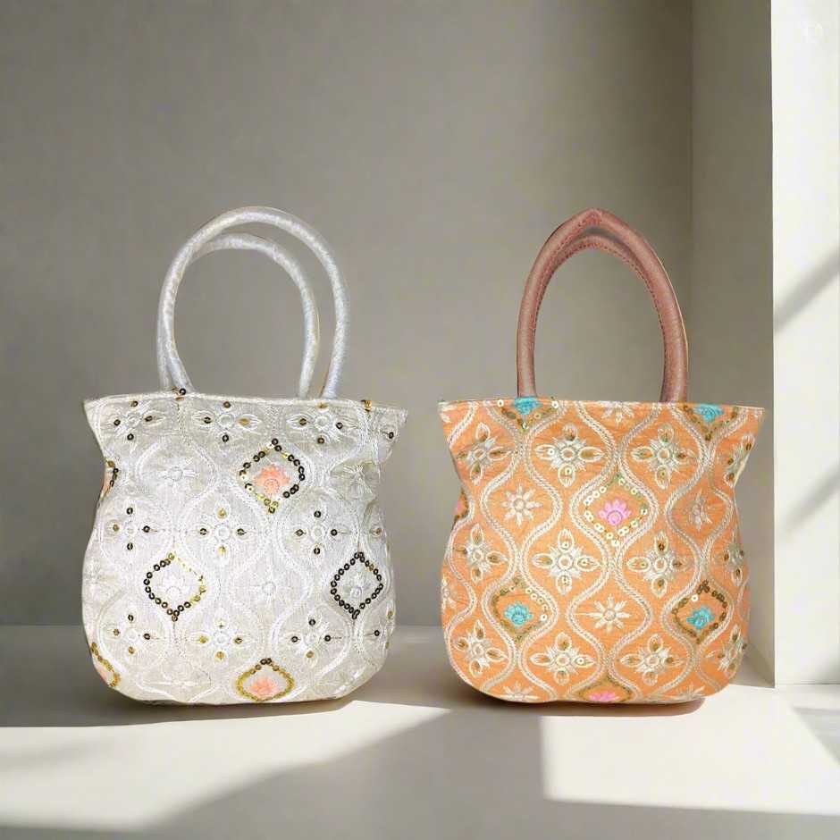 SHREE SHYAM PRODUCTS SILK FABRIC MATKI SHAPE EMBROIDERY HANDBAG
