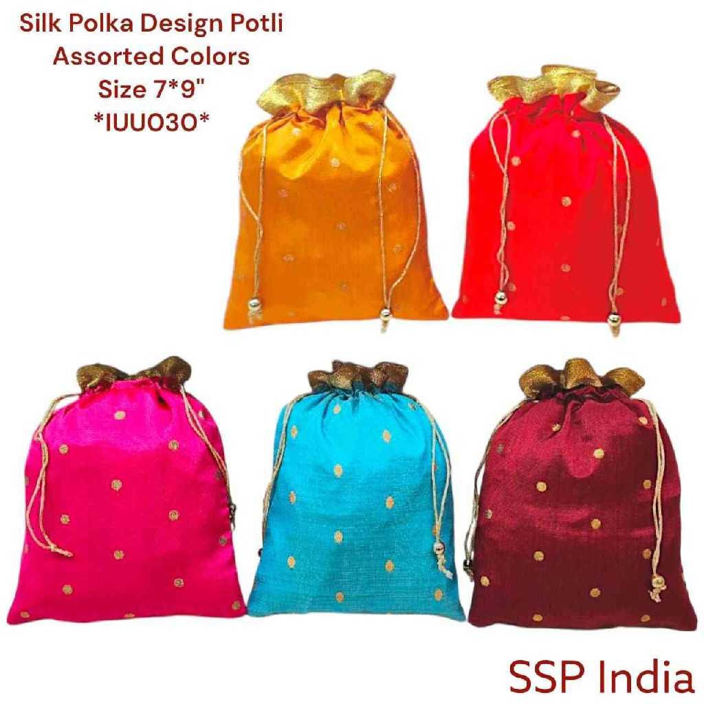 SHREE SHYAM PRODUCTS GOLDEN DOT POLKA DESIGN SILK POTLI BAGS