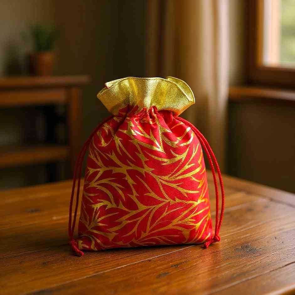 SHREE SHYAM PRODUCTS 500 GMS SHIMMER LEAF FOIL PRINT SATIN POTLI BAGS
