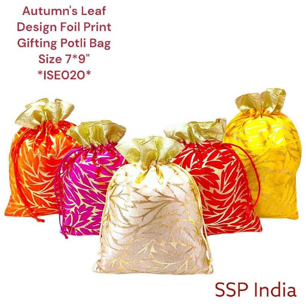 SHREE SHYAM PRODUCTS 500 GMS SHIMMER LEAF FOIL PRINT SATIN POTLI BAGS