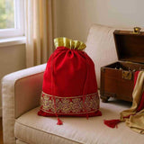 SHREE SHYAM PRODUCTS 9*12 INCH RED LACE BORDER VELVET POTLI BAGS