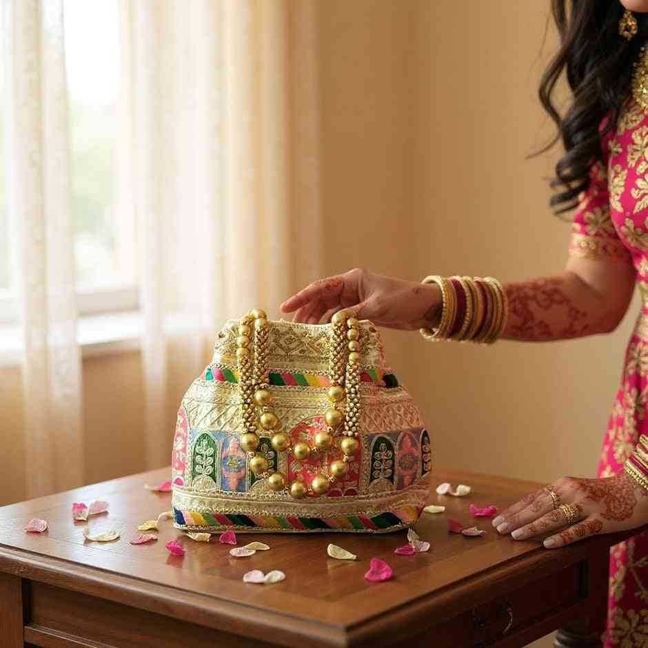 SHREE SHYAM PRODUCTS HEAVY LACE SILK EMBROIDERY POTLI BAG MAGNET BUTTON