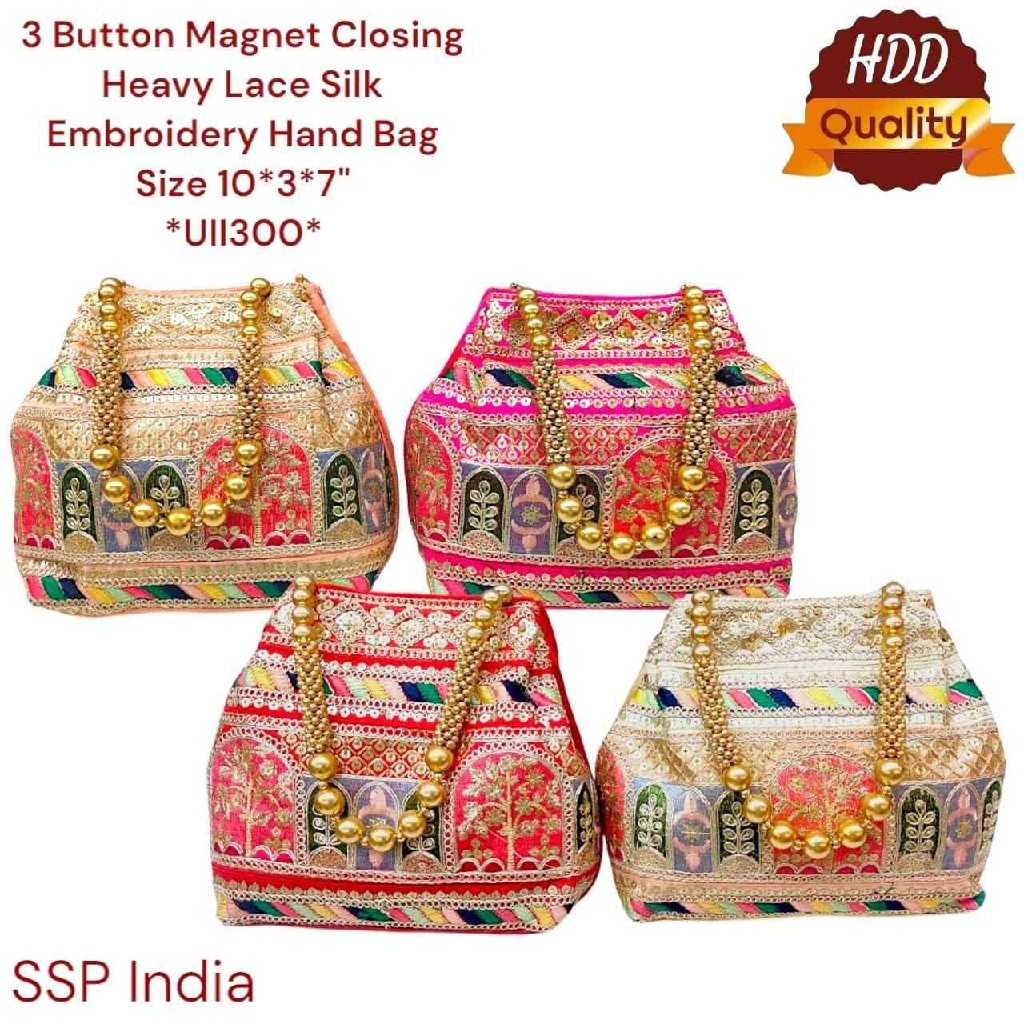 SHREE SHYAM PRODUCTS HEAVY LACE SILK EMBROIDERY POTLI BAG MAGNET BUTTON