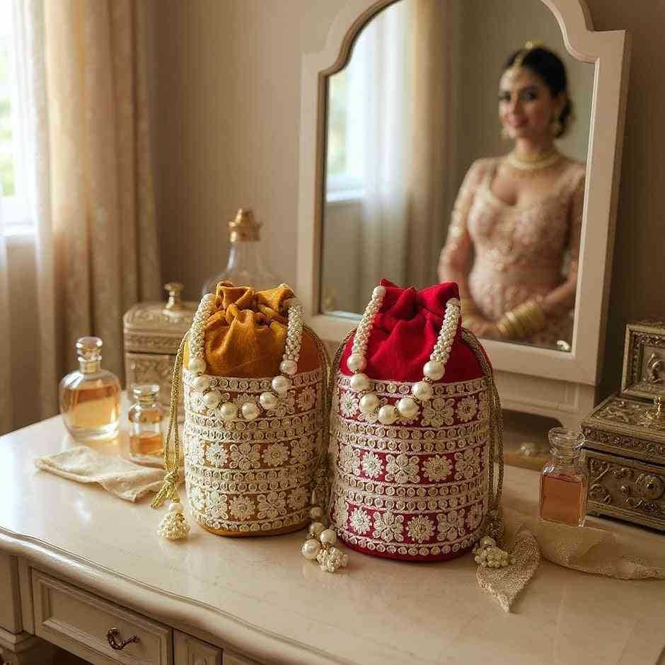 SHREE SHYAM PRODUCTS VELVET LUCKNOWI LACE POTLI BAG