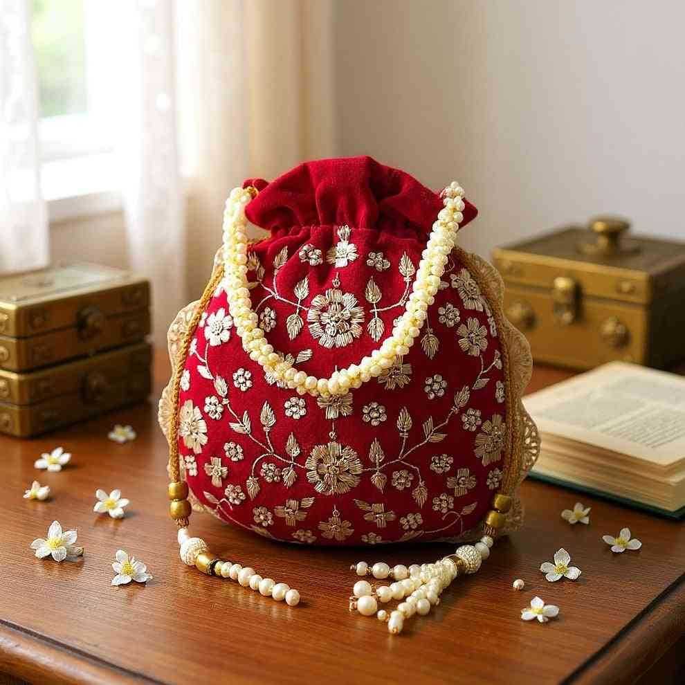 SHREE SHYAM PRODUCTS VELVET HAND WORK ZARDOZI POTLI BAG