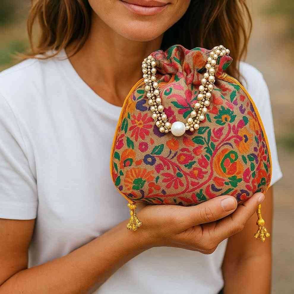 SHREE SHYAM PRODUCTS PAITHANI DESIGN MULTICOLOR BROCADE POTLI BAGS
