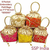 SHREE SHYAM PRODUCTS 5 POCKET GOLDEN SILK EMBROIDERY POTLI BAGS