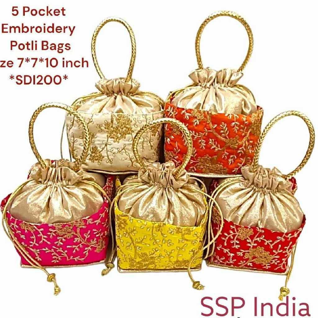 SHREE SHYAM PRODUCTS 5 POCKET GOLDEN SILK EMBROIDERY POTLI BAGS