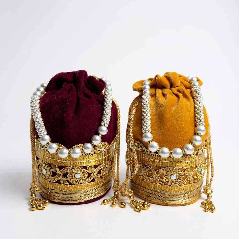 SHREE SHYAM PRODUCTS VELVET PEARL HANDLE POTLI BAGS