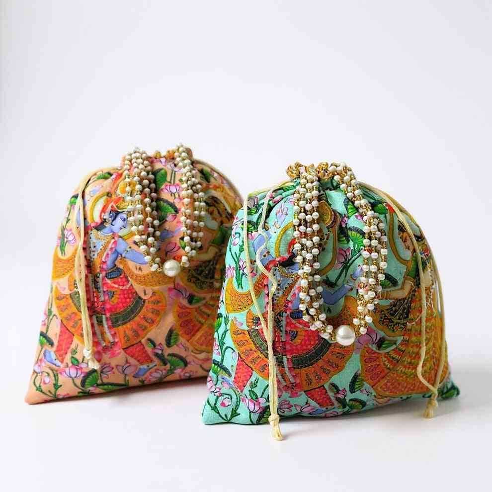 SHREE SHYAM PRODUCTS RADHA KRISHNA SILK DIGITAL PRINT POTLI BAGS