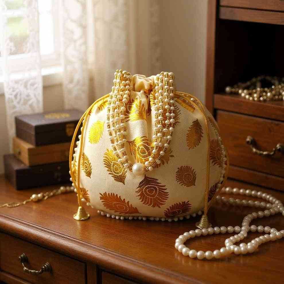 SHREE SHYAM PRODUCTS FOIL PRINT FEATHER SILK POTLI BAGS