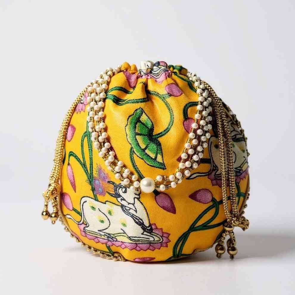SHREE SHYAM PRODUCTS PICHWAI COW PRINT SILK POTLI BAGS