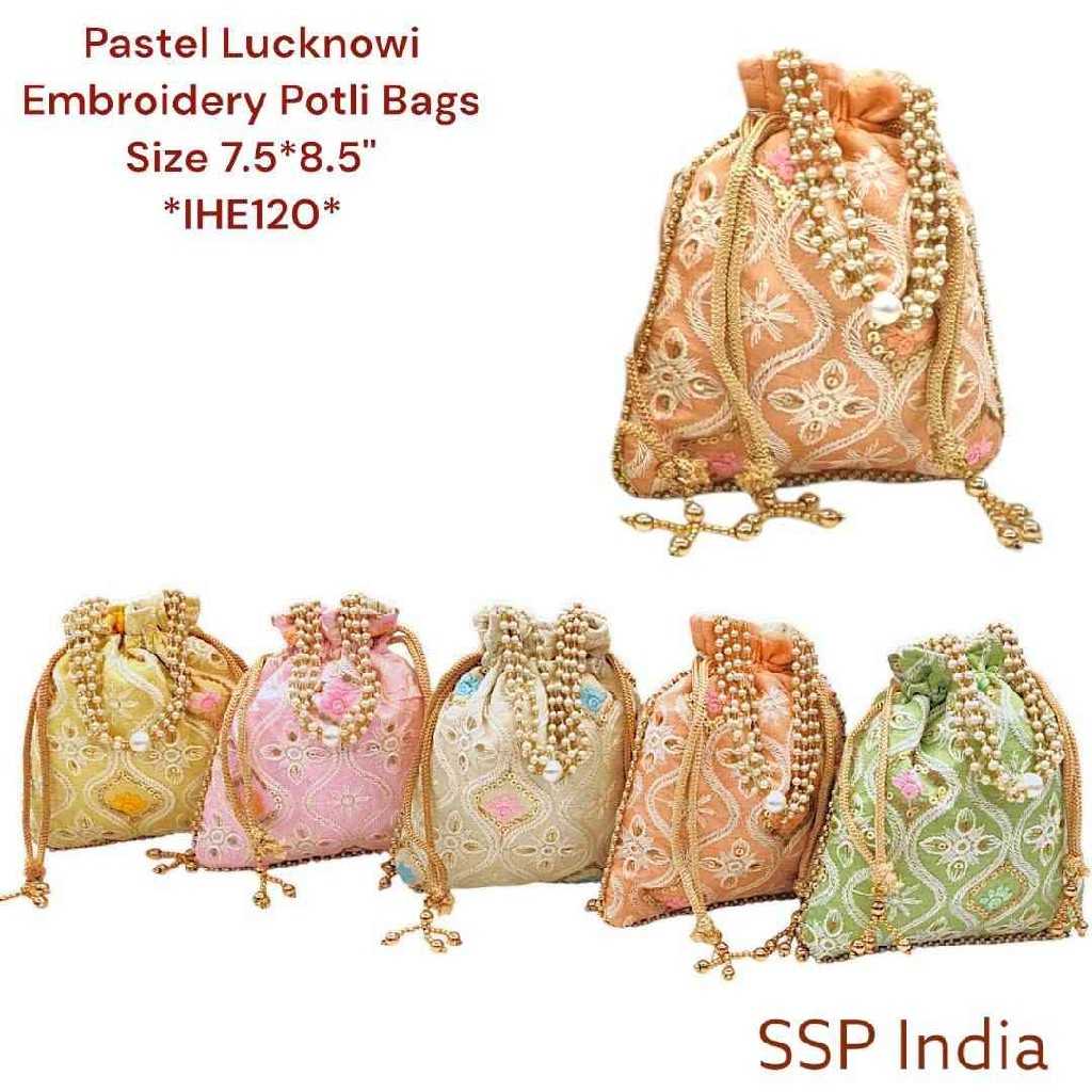 SHREE SHYAM PRODUCTS THREAD PASTEL EMBROIDERY SILK POTLI BAGS