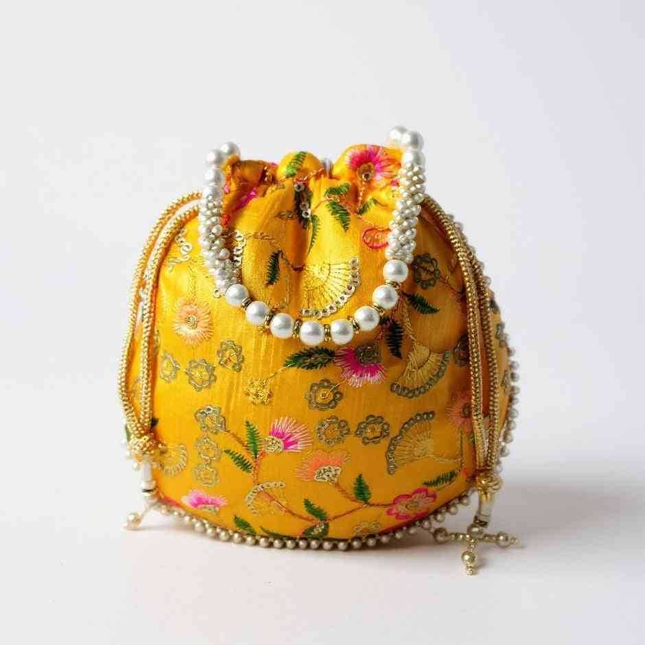 SHREE SHYAM PRODUCTS FLOWER EMBROIDERY SILK POTLI BAGS