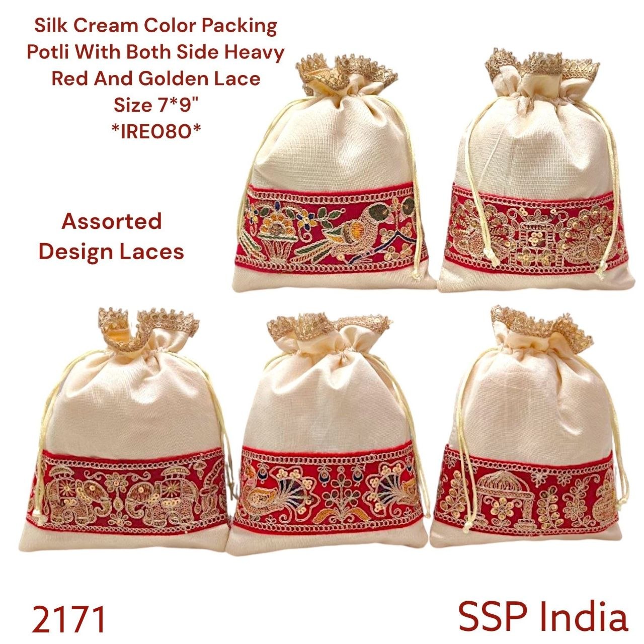 SHREE SHYAM PRODUCTS CREAM COLOR LACE BORDER SILK POTLI BAGS