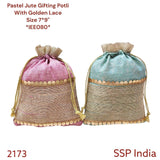 SHREE SHYAM PRODUCTS 7*9 INCH PASTEL JUTE POTLI BAGS WITH LACE