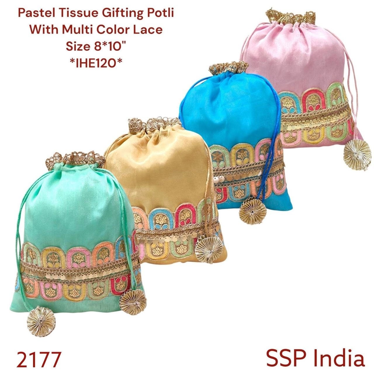 SHREE SHYAM PRODUCTS 8*9 INCH PASTEL TISSUE POTLI WITH DESIGNER LACE