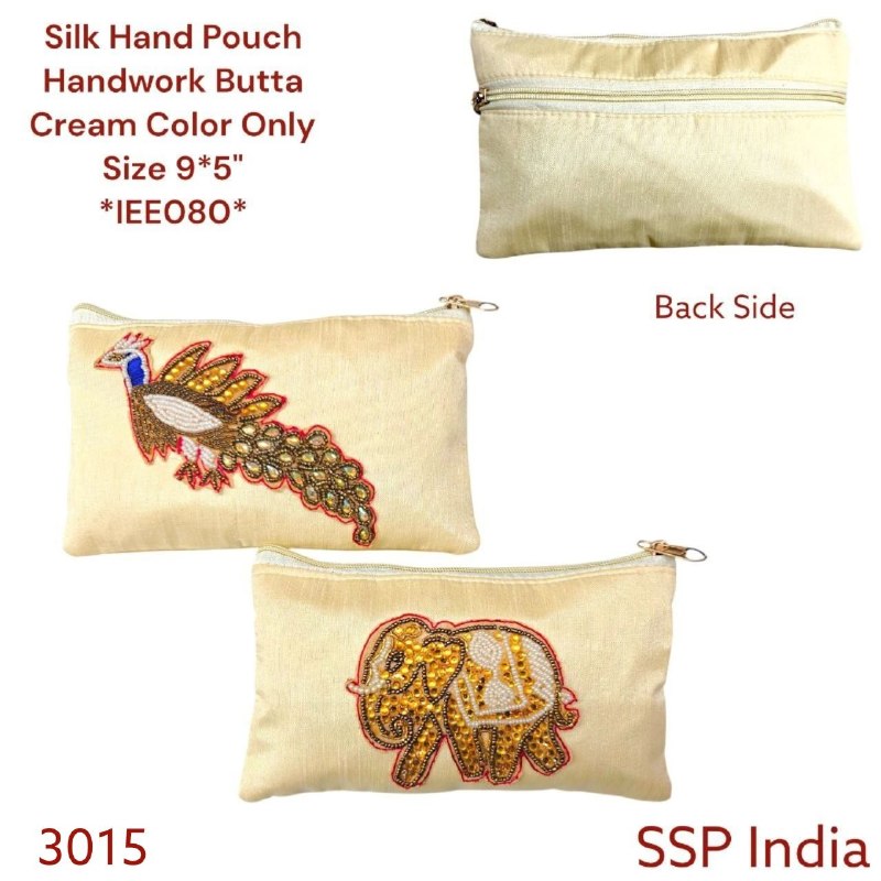 SHREE SHYAM PRODUCTS CREAM COLOR SILK HAND POUCH HANDWORK BUTA
