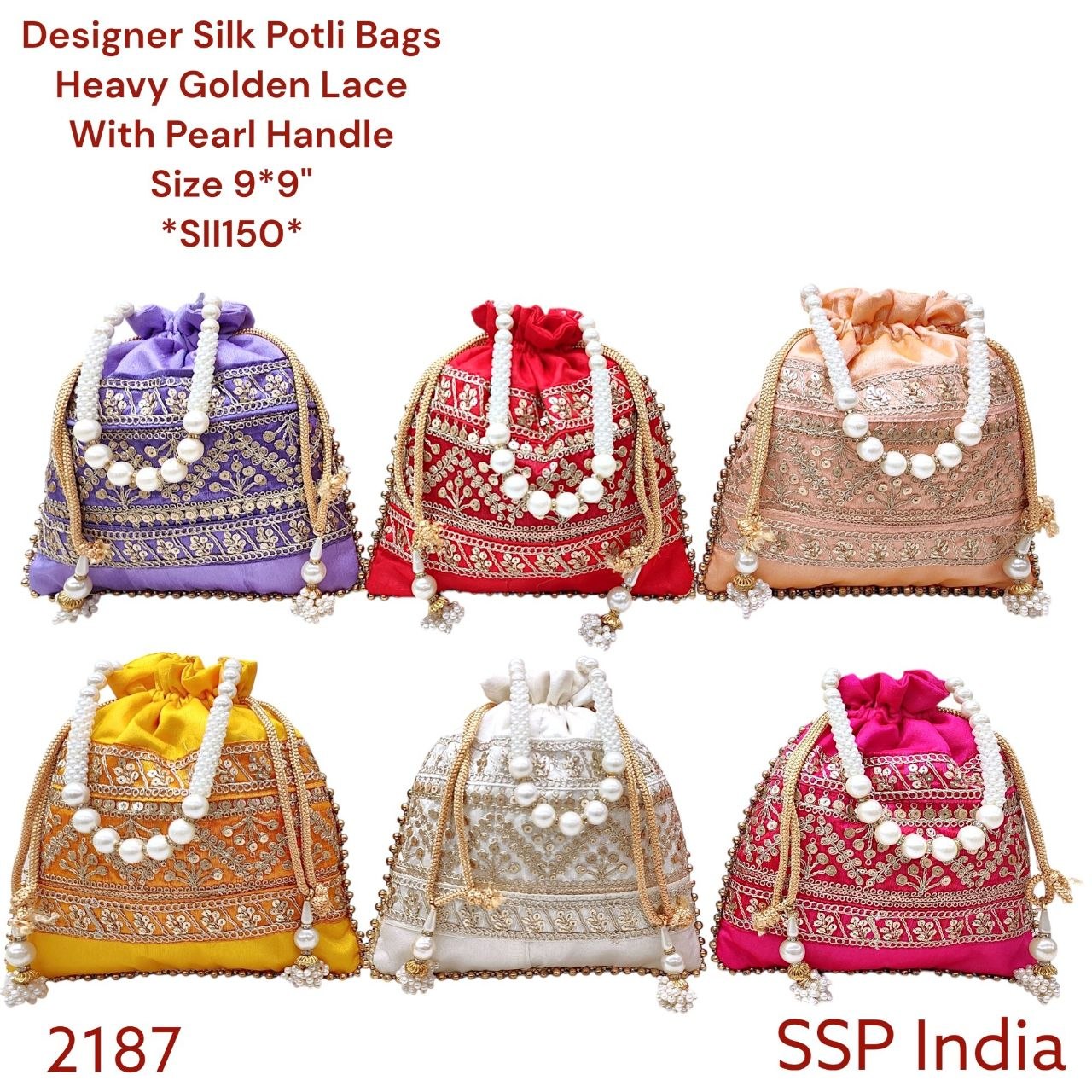 SHREE SHYAM PRODUCTS DESIGNER SILK POTLI BAGS WITH STYLISH MATCHING COLOR LACE