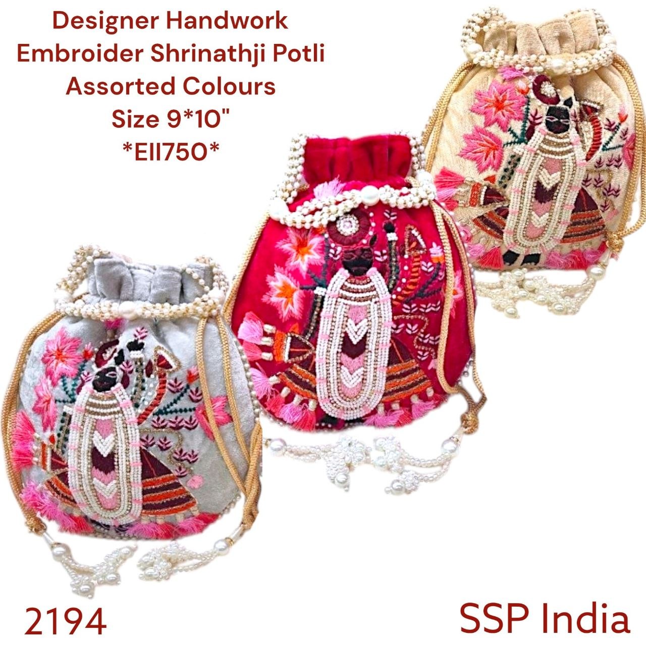 SHREE SHYAM PRODUCTS SHREENATHJI DESIGN HANDWORK VELVET POTLI BAGS