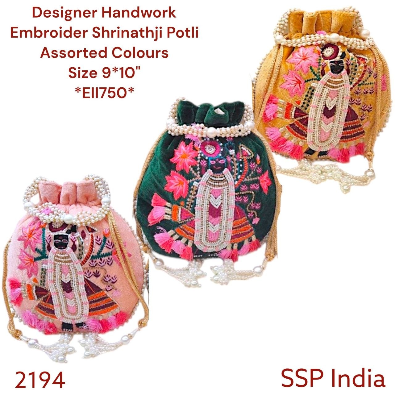 SHREE SHYAM PRODUCTS SHREENATHJI DESIGN HANDWORK VELVET POTLI BAGS