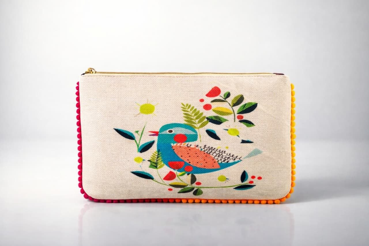 SHREE SHYAM PRODUCTS DIGITAL PRINT JUTE POUCH WITH POMPOM LACE