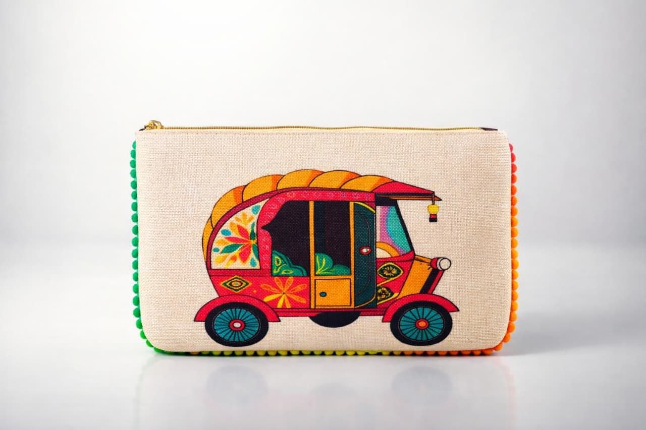 SHREE SHYAM PRODUCTS DIGITAL PRINT JUTE POUCH WITH POMPOM LACE
