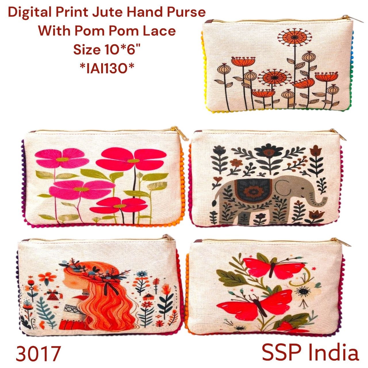 SHREE SHYAM PRODUCTS DIGITAL PRINT JUTE POUCH WITH POMPOM LACE