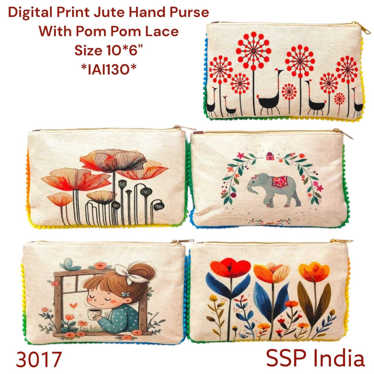 SHREE SHYAM PRODUCTS DIGITAL PRINT JUTE POUCH WITH POMPOM LACE