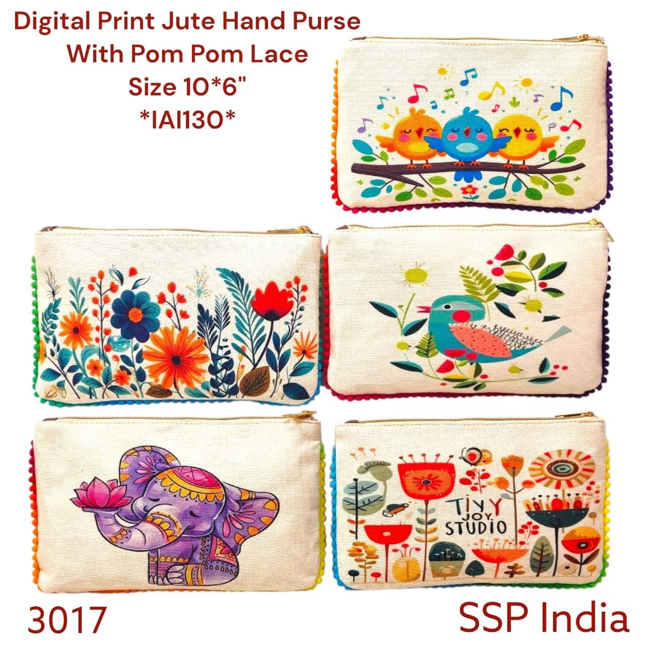 SHREE SHYAM PRODUCTS DIGITAL PRINT JUTE POUCH WITH POMPOM LACE
