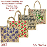 SHREE SHYAM PRODUCTS JUTE PRINTED SHOPPING BAG WITH ZIP ASSORTED PRINTS MEDIUM SIZE