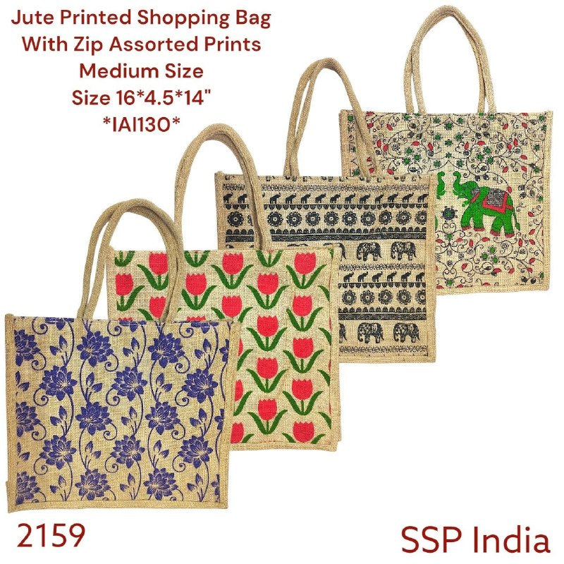 SHREE SHYAM PRODUCTS JUTE PRINTED SHOPPING BAG WITH ZIP ASSORTED PRINTS MEDIUM SIZE