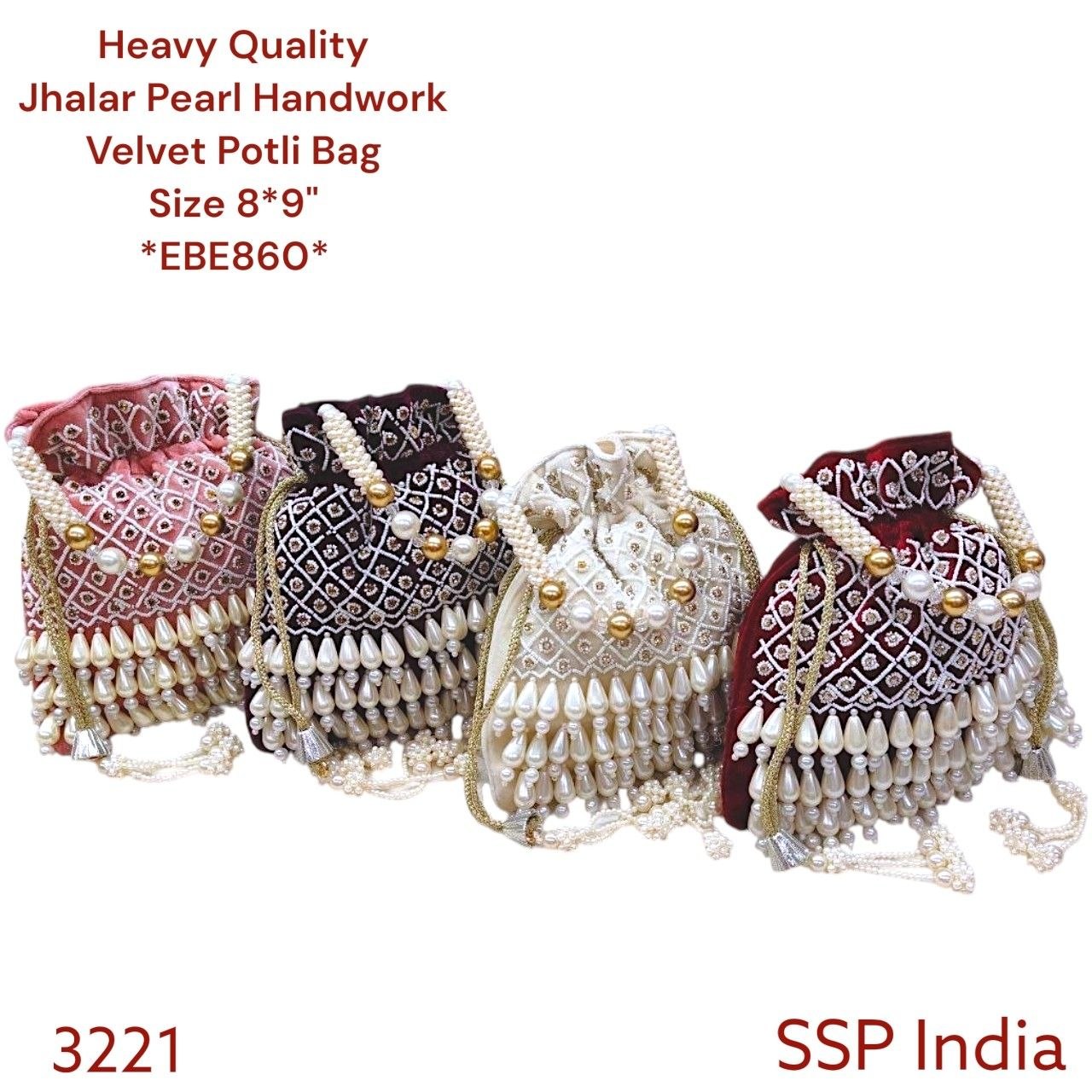 SHREE SHYAM PRODUCTS HEAVY QUALITY JHAALAR PEARL HAND WORK VELVET POTLI