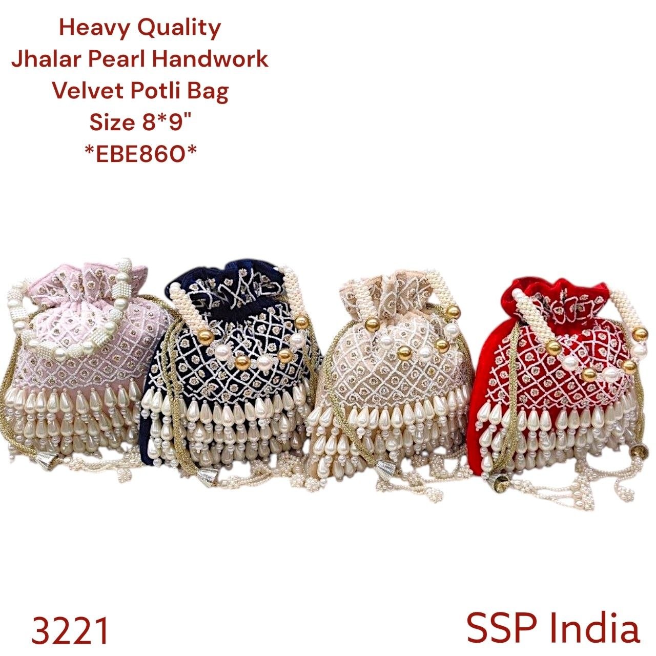 SHREE SHYAM PRODUCTS HEAVY QUALITY JHAALAR PEARL HAND WORK VELVET POTLI