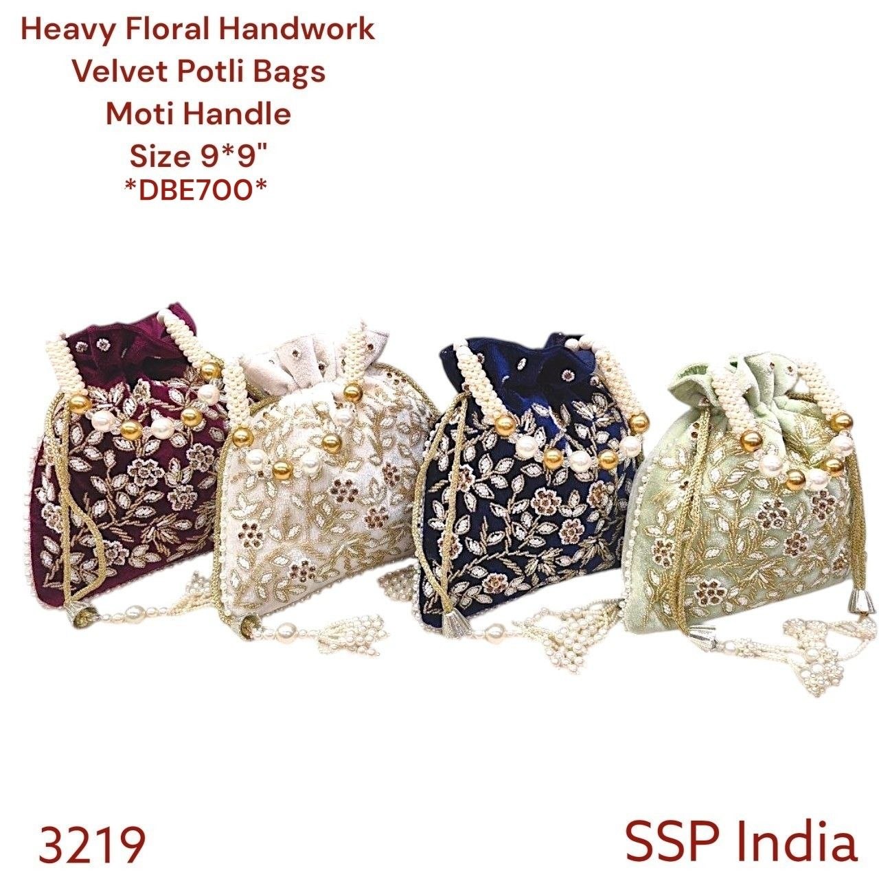 SHREE SHYAM PRODUCTS HEAVY FLORAL HANDWORK VELVET POTLI BAG