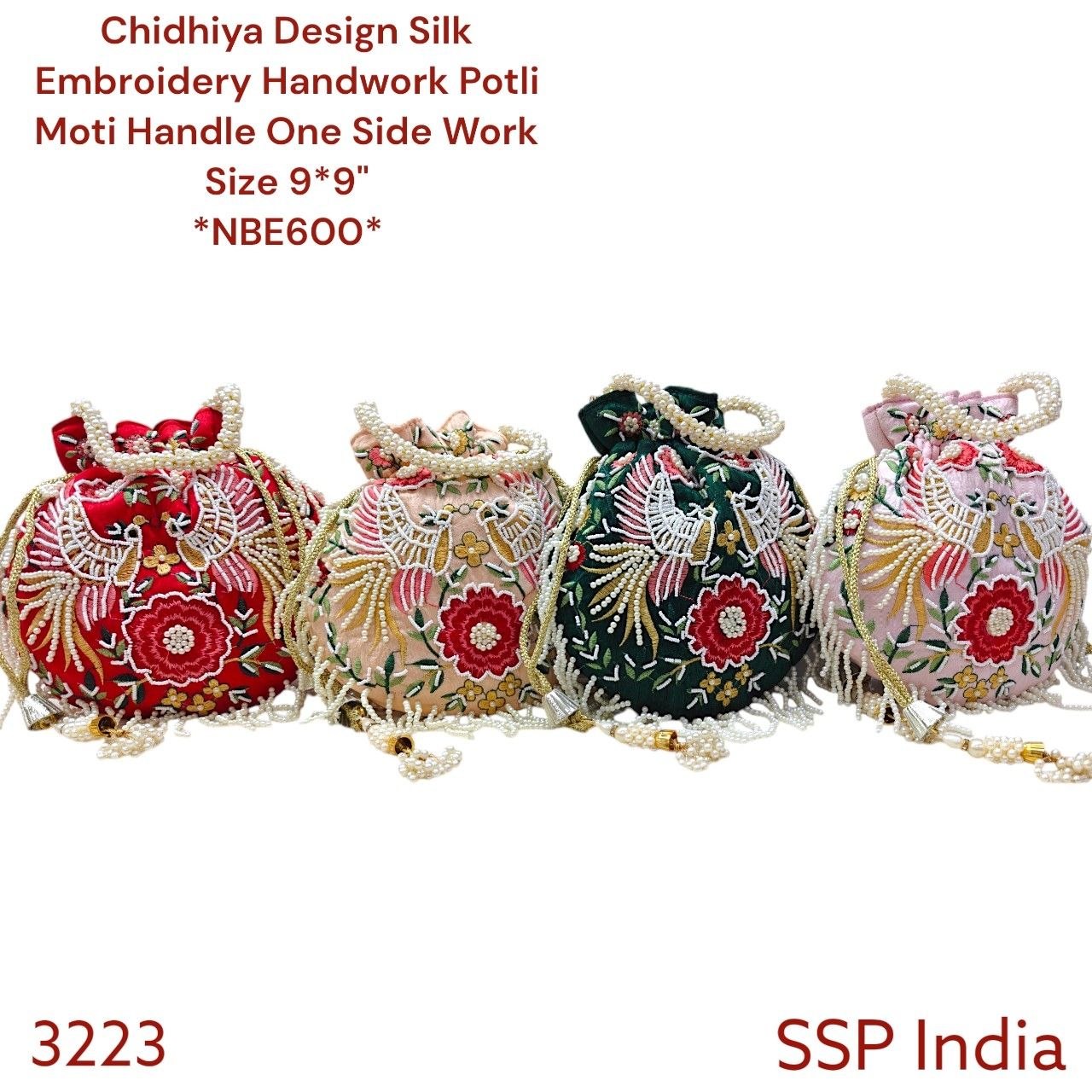 SHREE SHYAM PRODUCTS SILK FABRIC CHIDIYA DESIGN HANDWORK POTLI BAGS