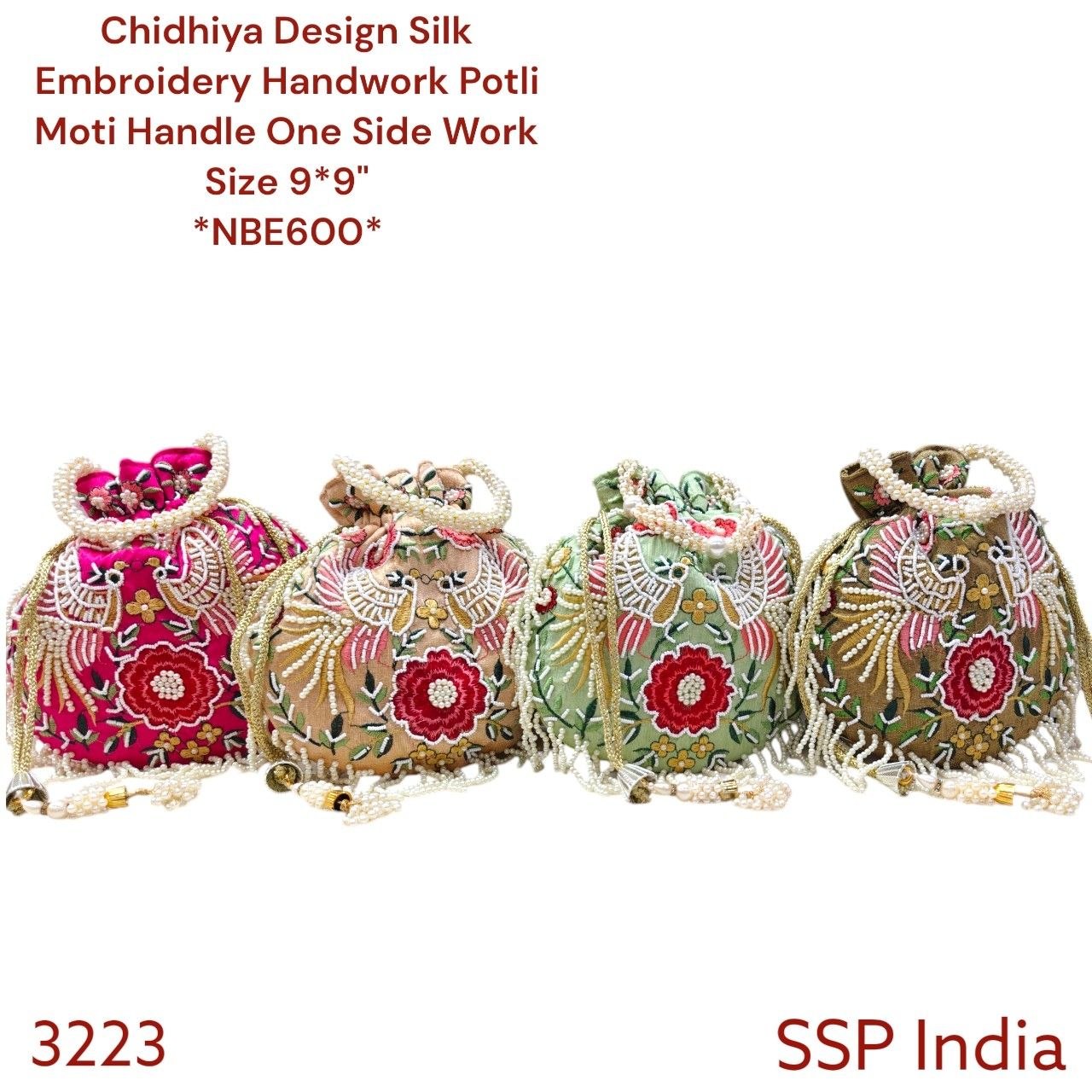 SHREE SHYAM PRODUCTS SILK FABRIC CHIDIYA DESIGN HANDWORK POTLI BAGS