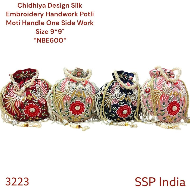 SHREE SHYAM PRODUCTS SILK FABRIC CHIDIYA DESIGN HANDWORK POTLI BAGS