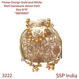 SHREE SHYAM PRODUCTS GOLD AND WHITE MOTI HANDWORK POTLI BAGS