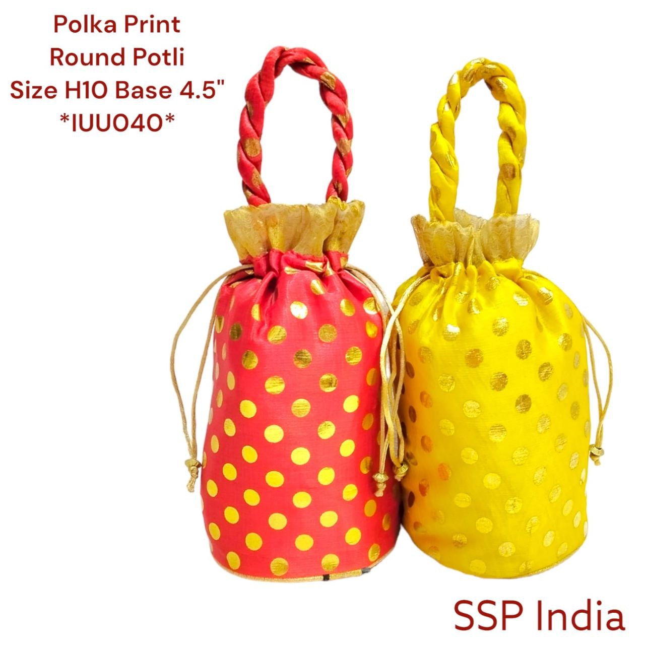 SHREE SHYAM PRODUCTS CRAPE SILK GOLDEN DOT POLKA PRINT ROUND POTLI