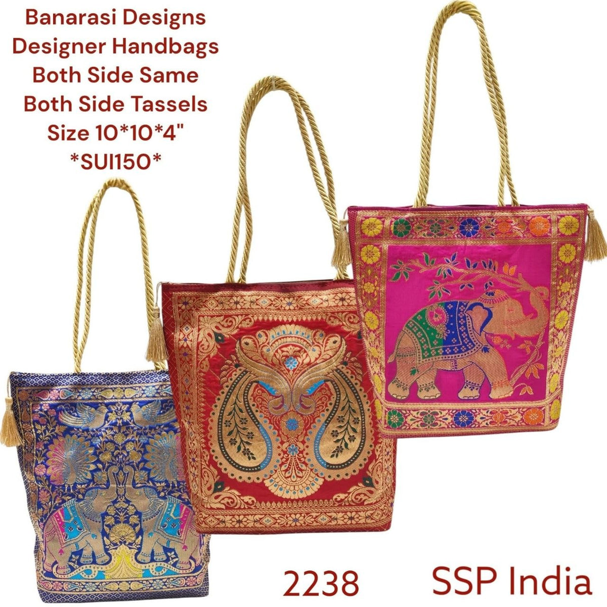 SHREE SHYAM PRODUCTS BANARASI MULTI COLOR RASSI HANDLE HAND BAG GOLDEN TASSLE