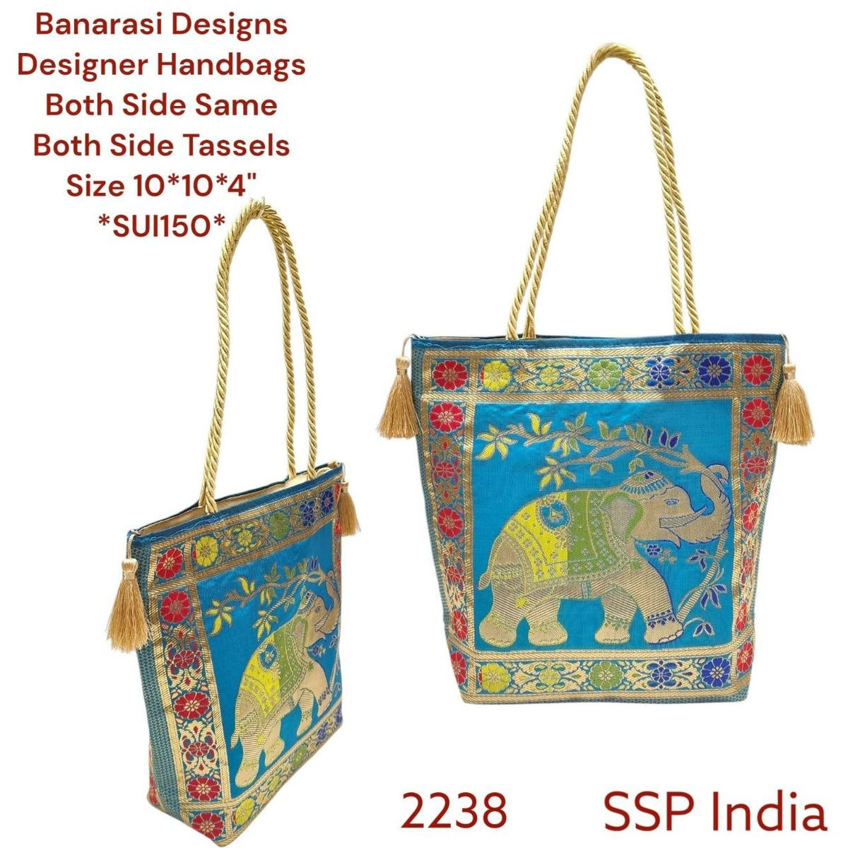 SHREE SHYAM PRODUCTS BANARASI MULTI COLOR RASSI HANDLE HAND BAG GOLDEN TASSLE