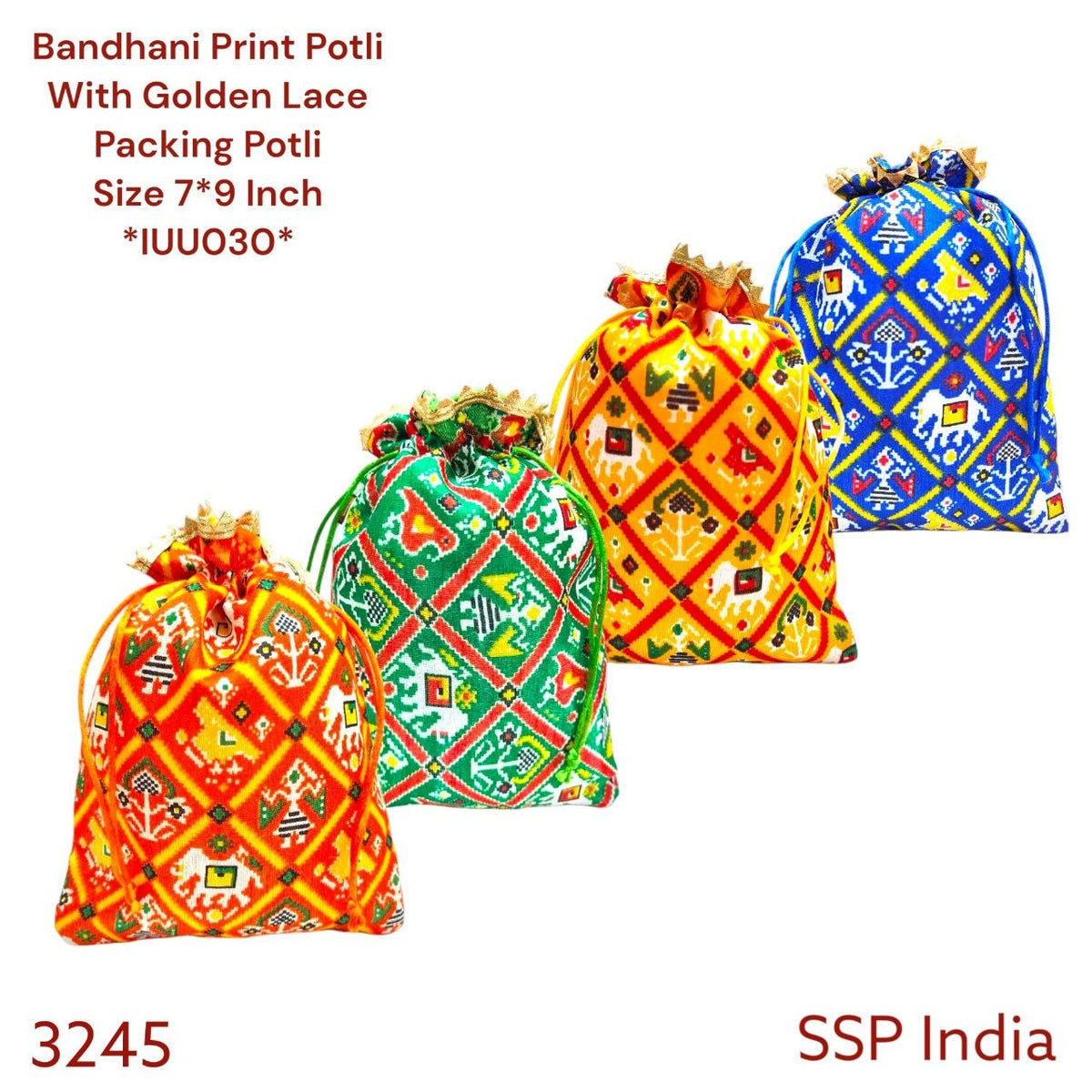 SHREE SHYAM PRODUCTS 7*9 BANDHANI PRINT DESIGN POTLI WITH GOLDEN LACE