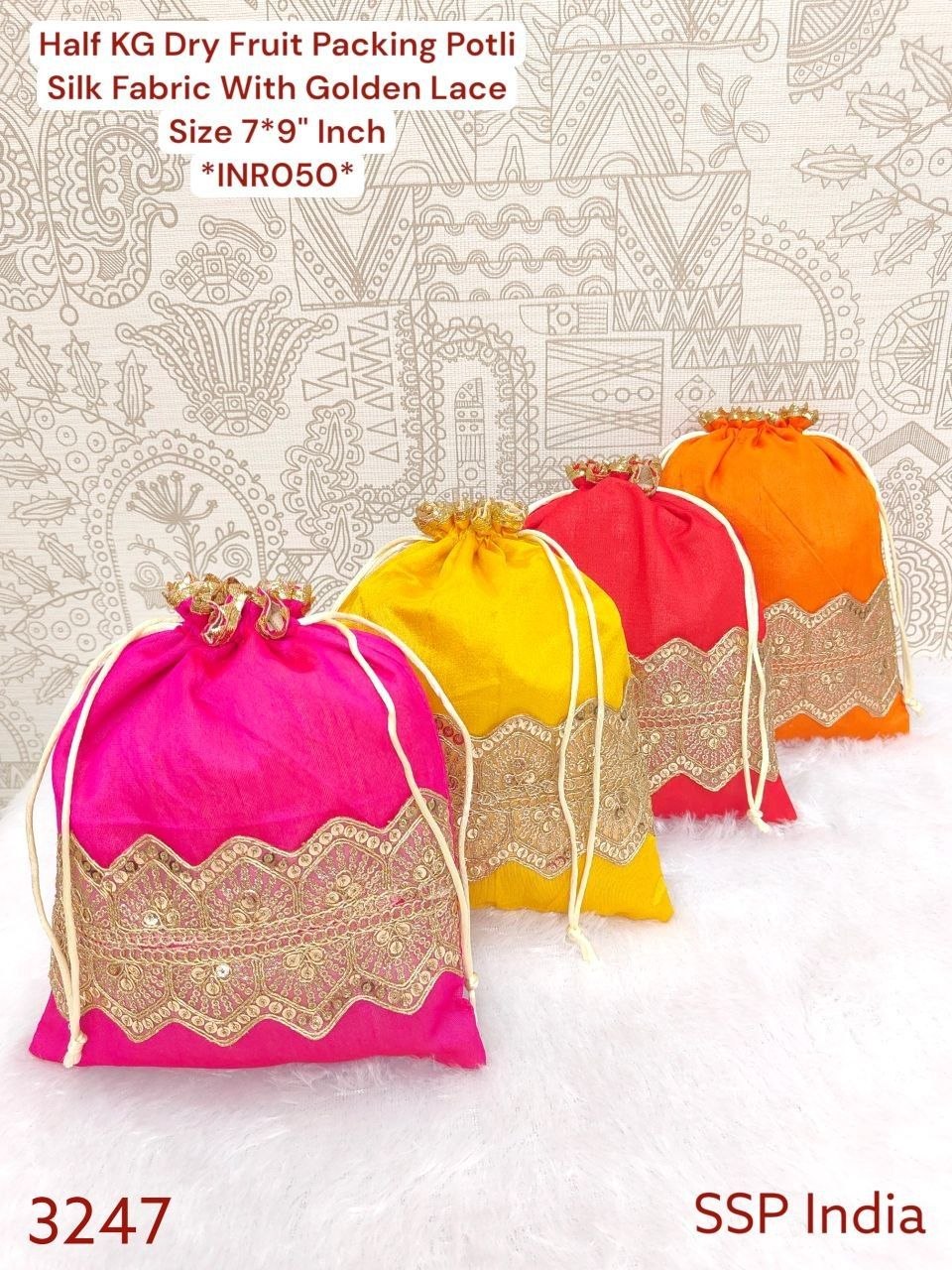SHREE SHYAM PRODUCTS 7*9 INCH ZIGZAG GOLDEN LACE SILK POTLI